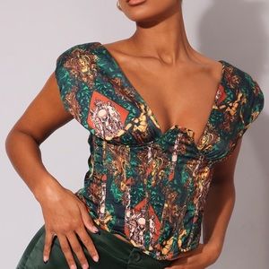Green abstract satin plunge corset